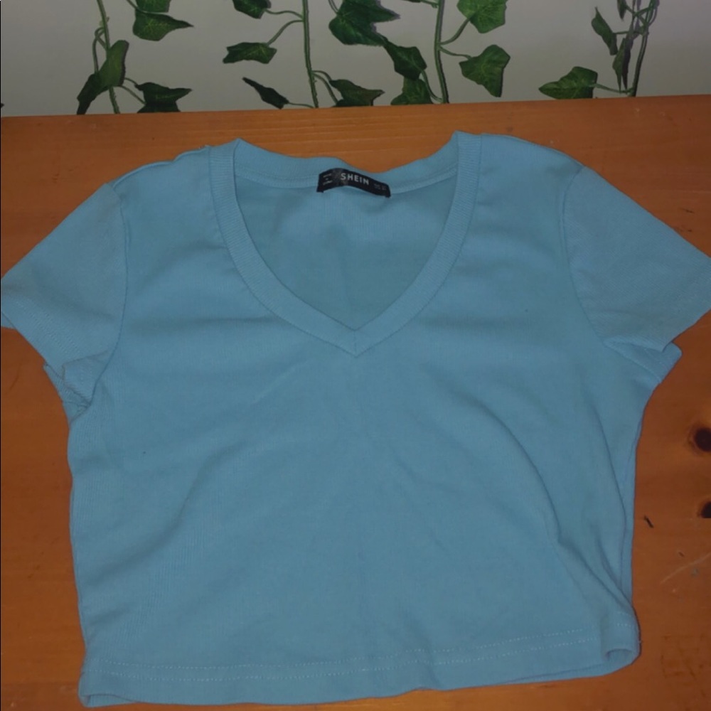 Blue cropped v neck tee